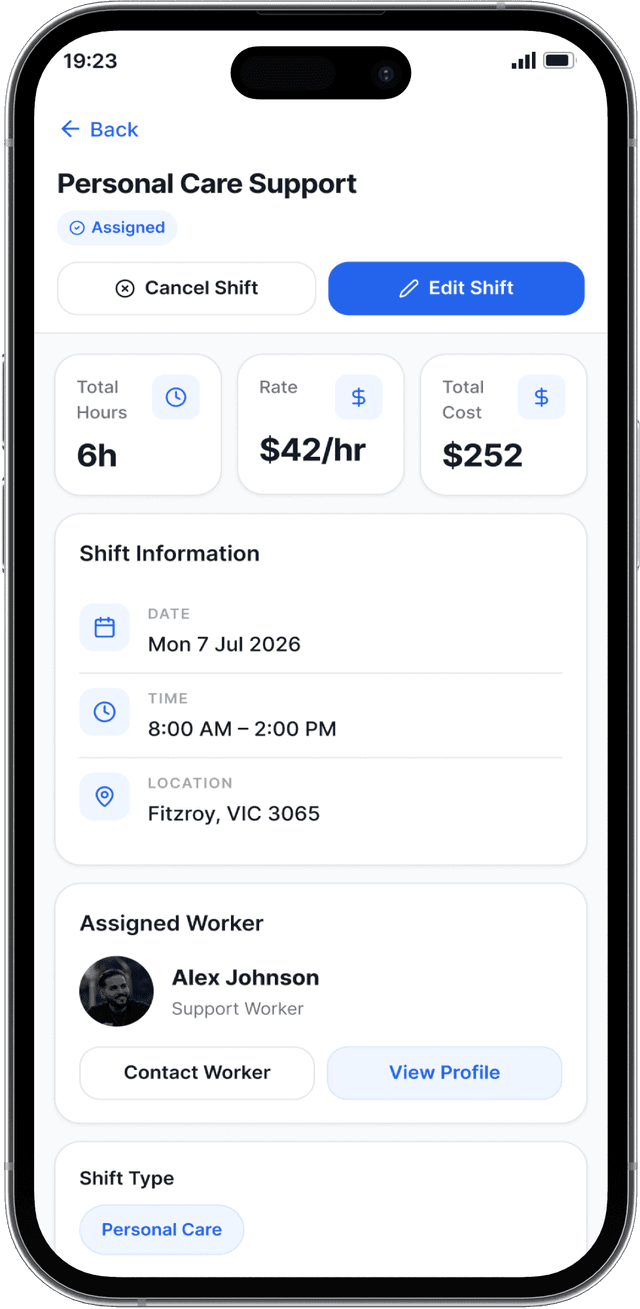 CarerMarket app showing a personal care support shift