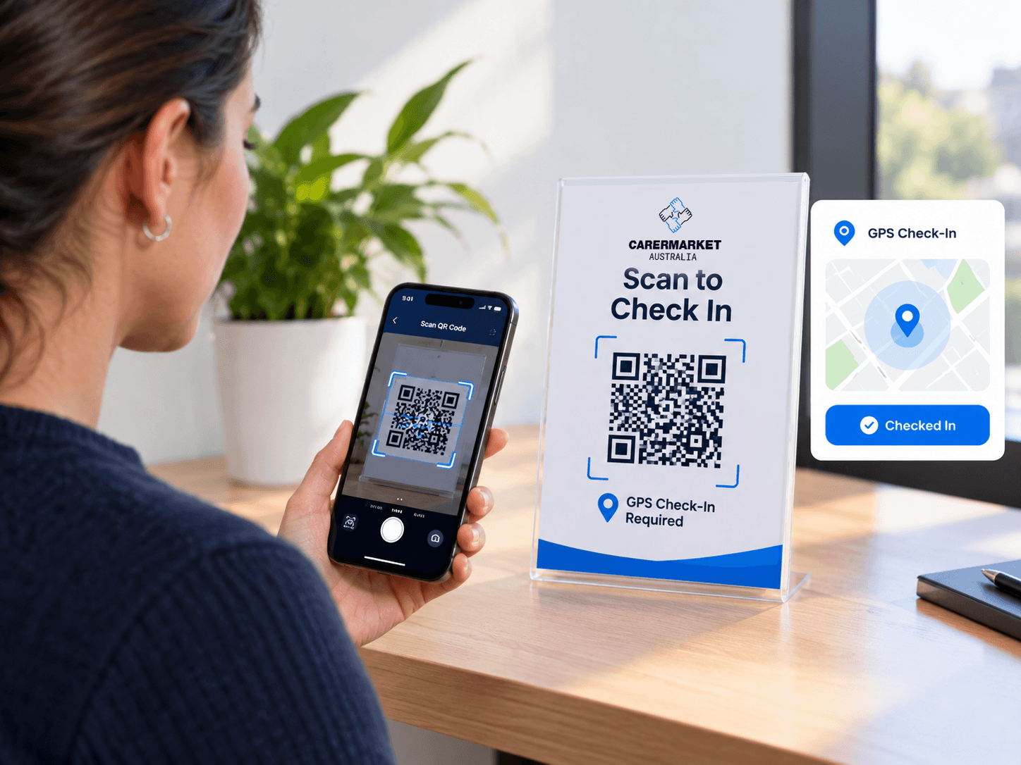 Support worker scanning a shift QR code to check in