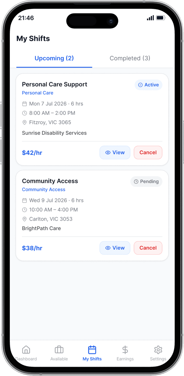 CarerMarket app showing upcoming shifts CarerMarket app showing upcoming shifts