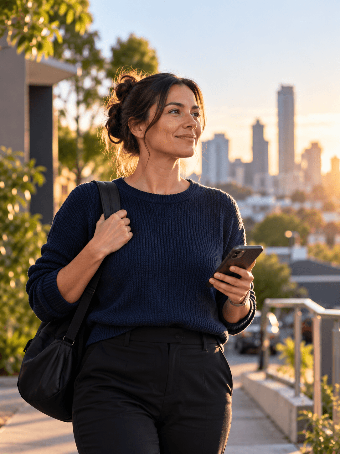 Support worker smiling while walking through the city Support worker smiling while walking through the city